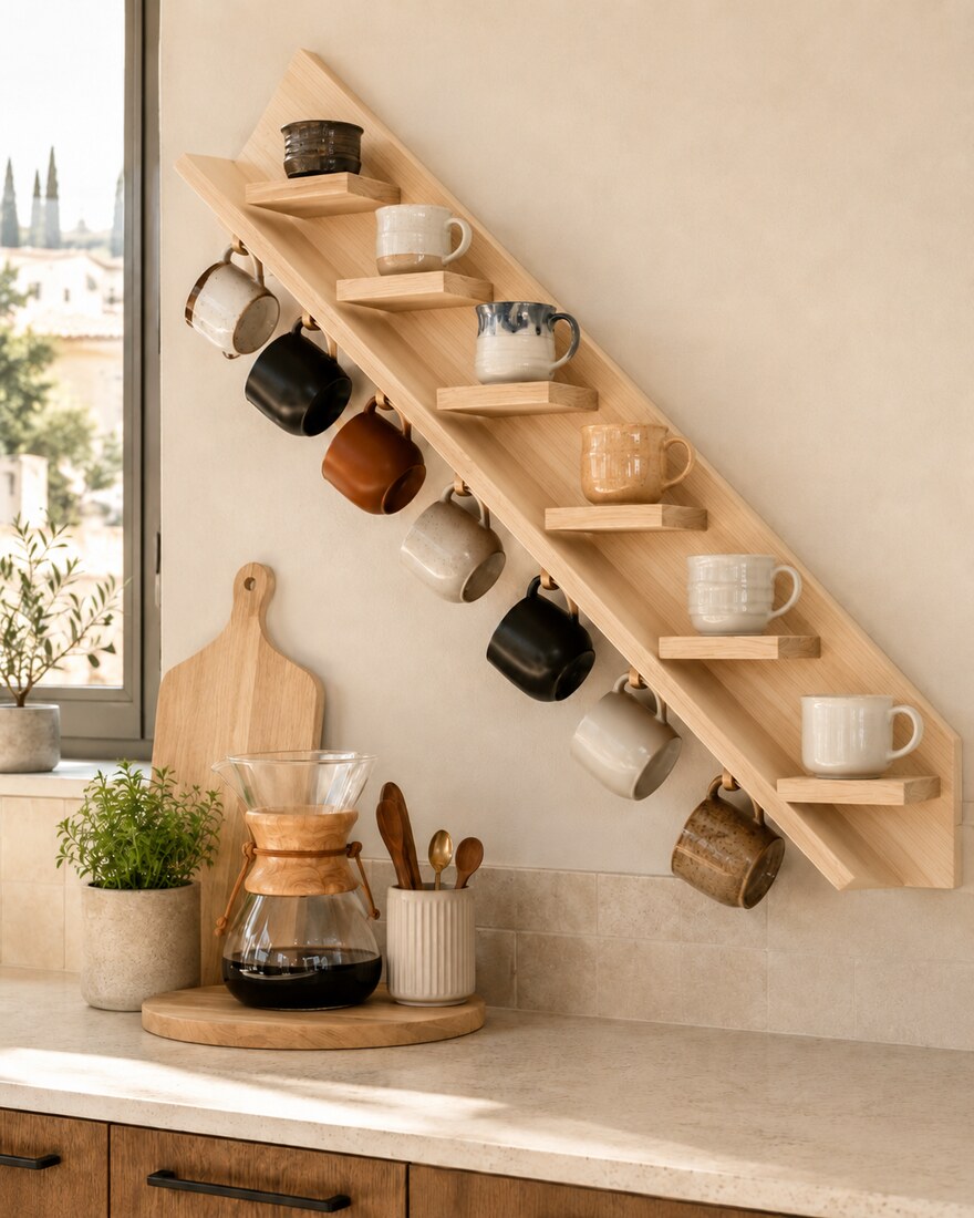 סולם מדפים למטבח עם ספלים וצנצנות